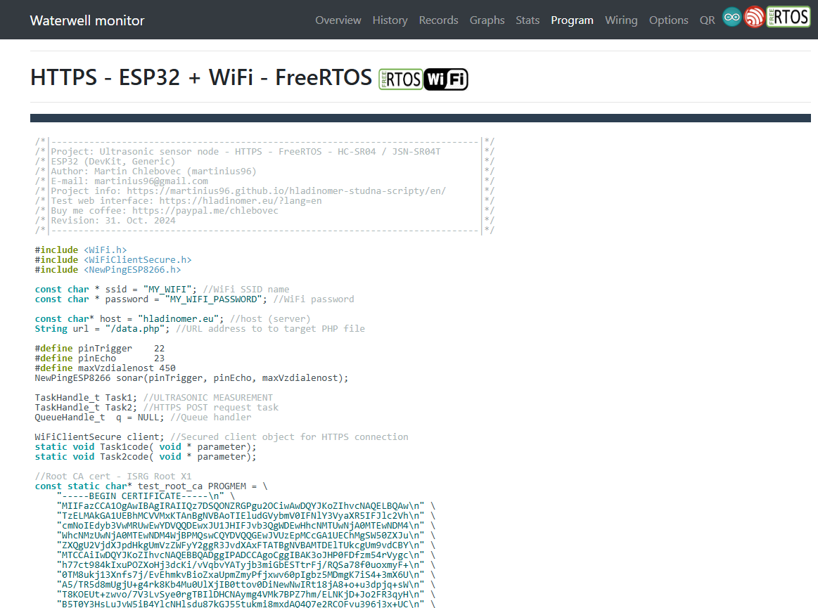 Automatiaclly pre-generated source code for ESP32 (Espressif Systems) microcontroller with WiFi or PHY Ethernet connection method to the Watmonitor's interface via HTTP or HTTPS